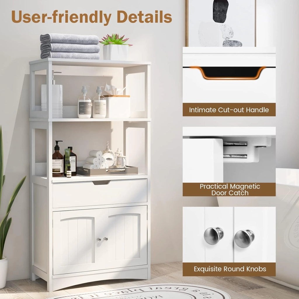 Armadietto Multiuso Bianco, Armadio Alto per Bagno con Cassetto e 2 Ripiani Aperti, Mobile Porta Microonde per Cucina, Design Compatto