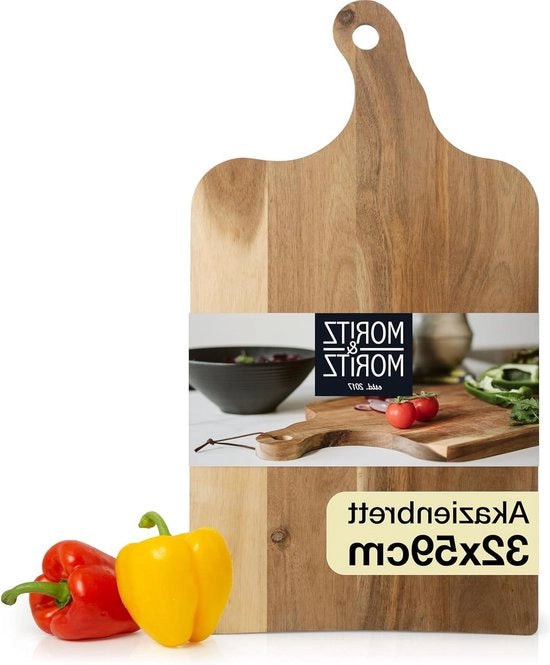Piatto da servire con maniglia in legno - Grande formato - 59x32x2 cm - Piatto da colazione e formaggio in legno di acacia antibatterico - Piatto da cucina duraturo