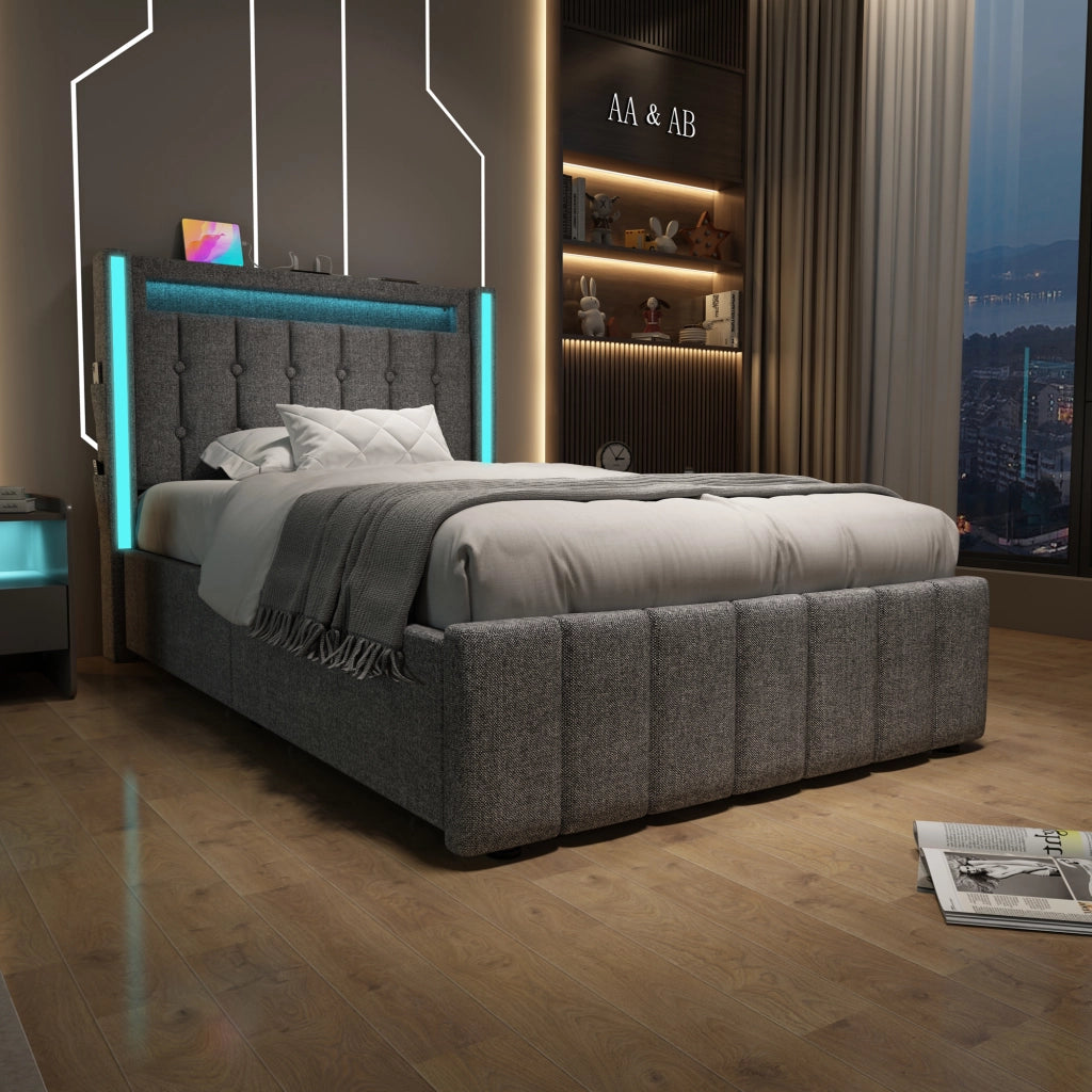 Letto singolo 90x200 cm con USB, porte Type-C, LED, 2 cassetti e rete a doghe in legno, grigio