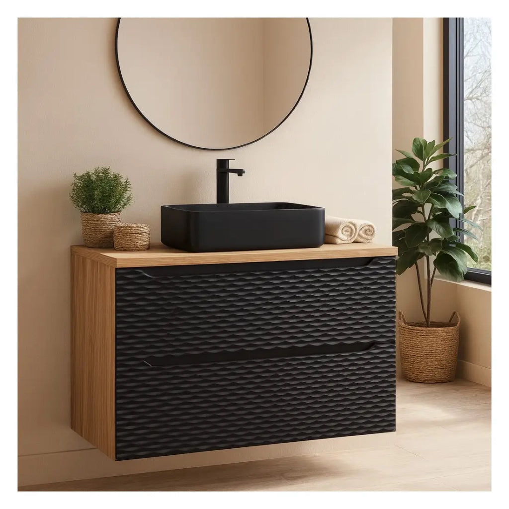 Set da bagno YOKA nero: mobile sottolavabo con cassetti 90cm + piano per lavabo + lavabo da appoggio nero