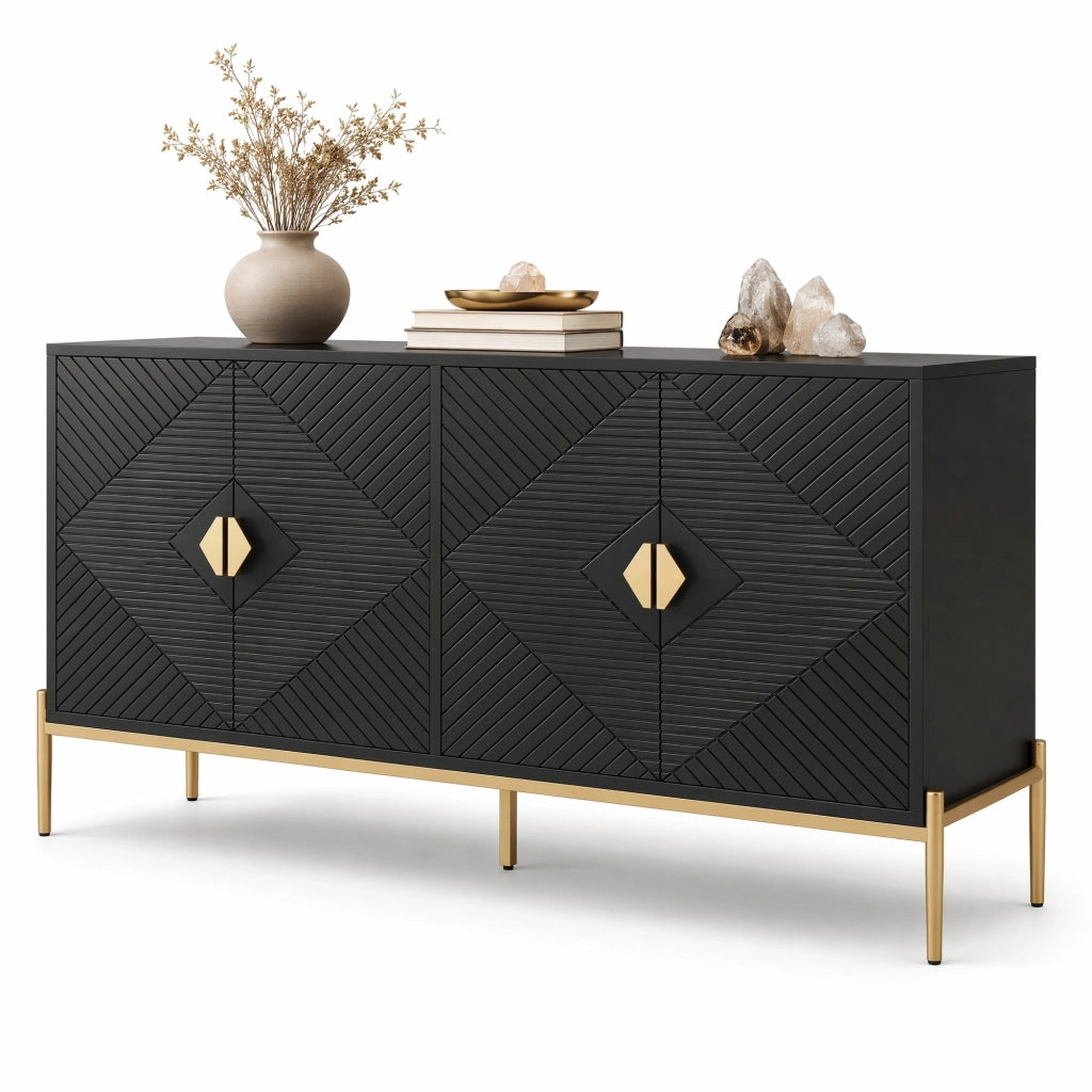 Sideboard nero con 4 ante geometriche 162x40x80 cm