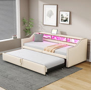 Divano letto imbottito estraibile 90/180 x 200 cm beige con LED e USB