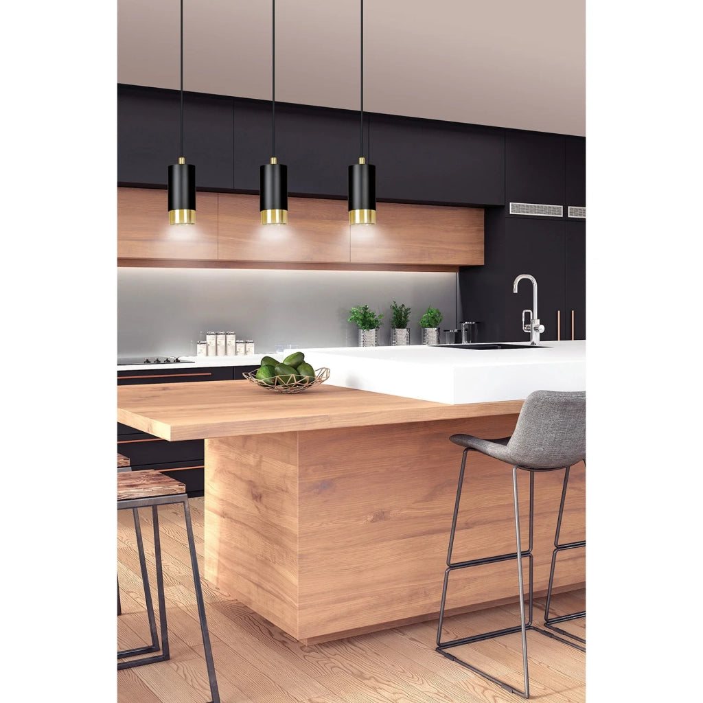 Lampadario 3 Luci Ivar Con Cilindri In Acciaio Nero E Oro