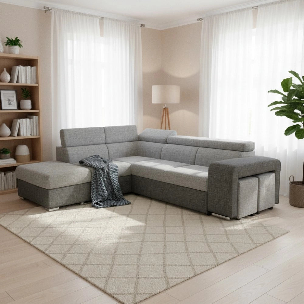 Divano Letto Angolare Sophie con Penisola Sinistra, 2 Pouf Estraibili e Pouf Contenitore – grigio e Grigio Chiaro