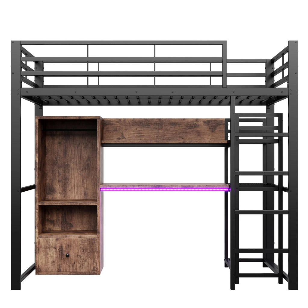 Letto a castello nero in metallo e MDF con illuminazione LED scrivania cassetti scaffali 90x200cm