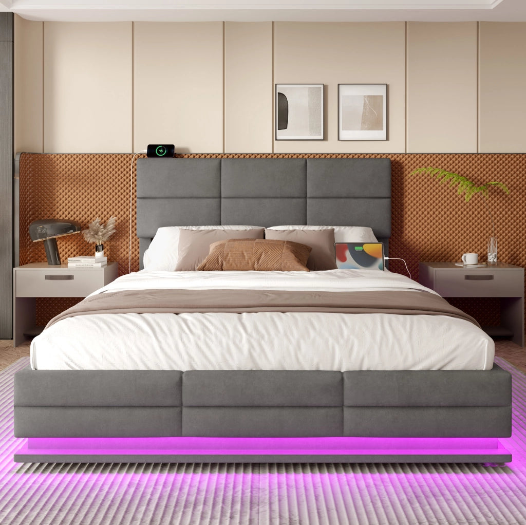 Letto matrimoniale 160x200 cm in velluto grigio con LED e USB