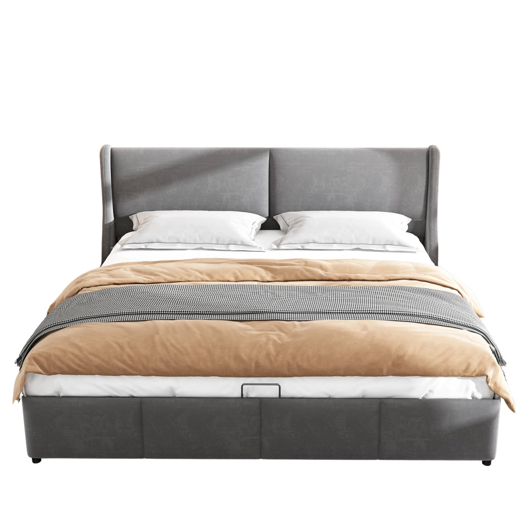 Letto matrimoniale 160x200 cm con contenitore e testiera a orecchie; in velluto grigio