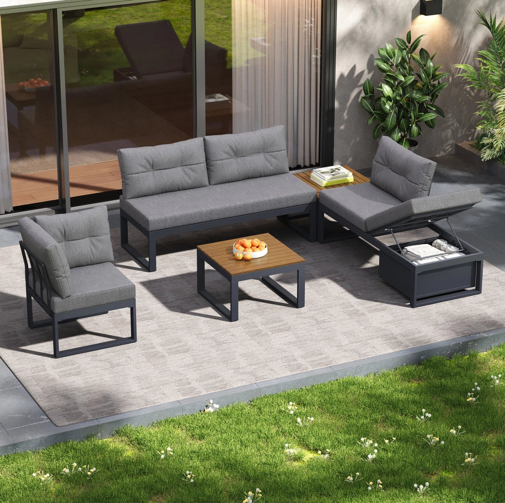 Set divani da giardino modulare con contenitore e schienale regolabile