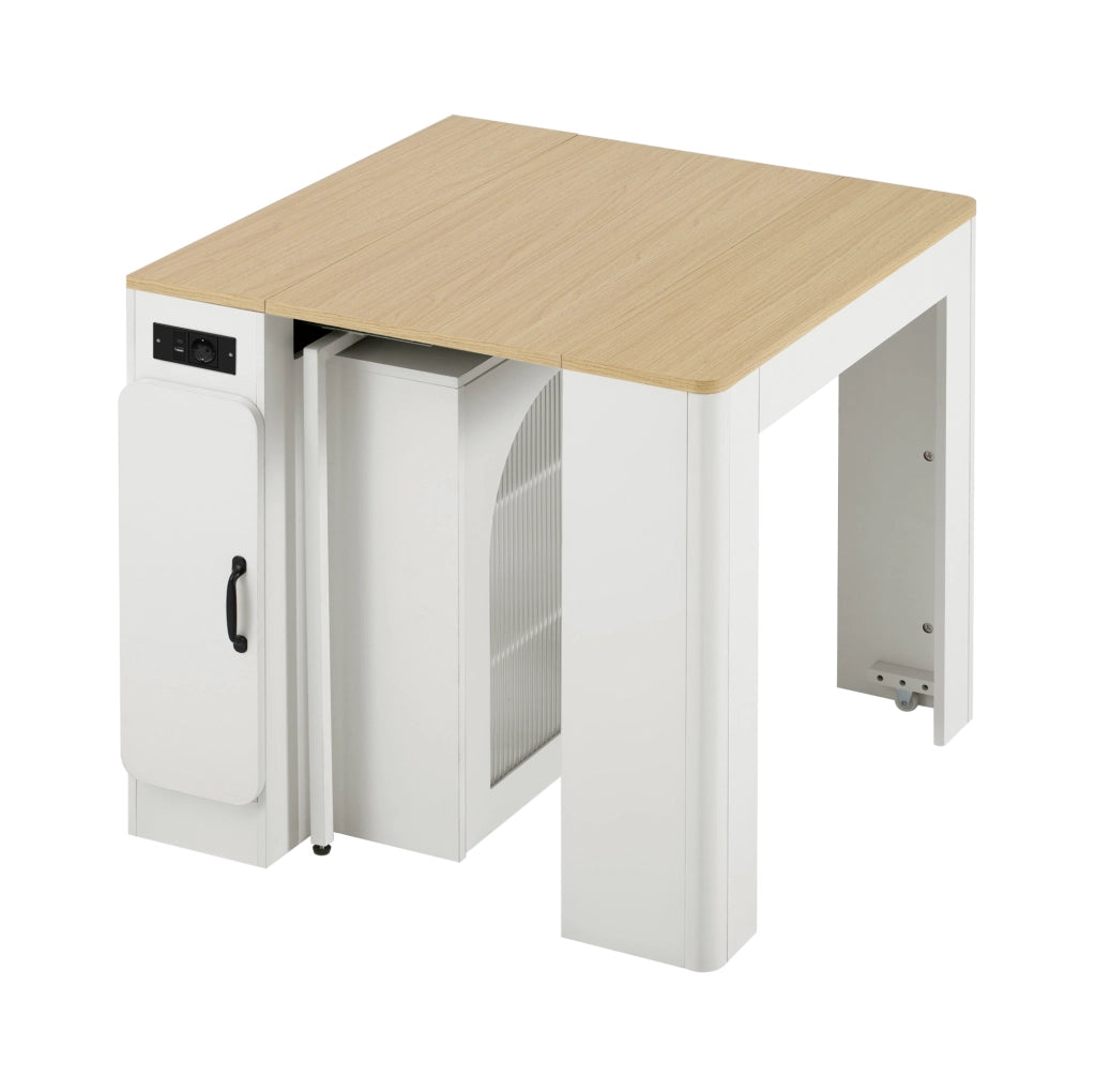 Tavolo da pranzo allungabile 83x39.6x77 cm con ruote nascoste; LED e prese USB Type-C; MDF; bianco naturale