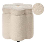 Pouf bianco sporco con rivestimento in bouclé, contenitore e motivo floreale, per soggiorno e camera da letto, stile scandinavo.