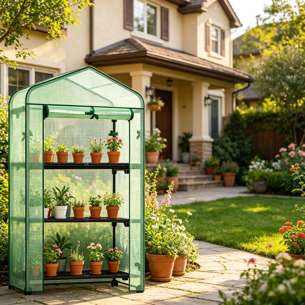 Serra a tunnel con ruote e 3 ripiani in rete, porta a zip arrotolabile, PE rinforzato verde 70 × 50 × 130 cm