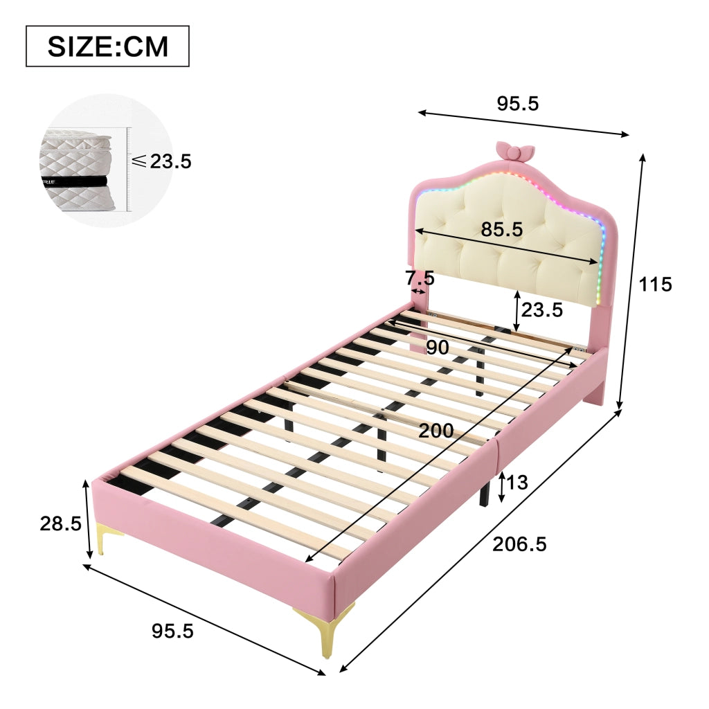 Letto singolo 90×200 cm; con testiera ondulata; fiocco rosa e LED multicolore; senza materasso; in pu bianco e rosa