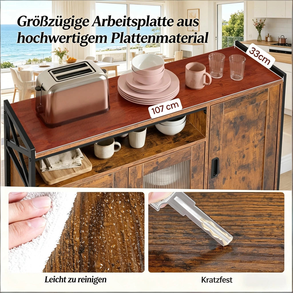 Credenza e madia con 1 vano aperto e 2 ante, ripiani regolabili, per cucina e soggiorno, in legno e metallo, marrone
