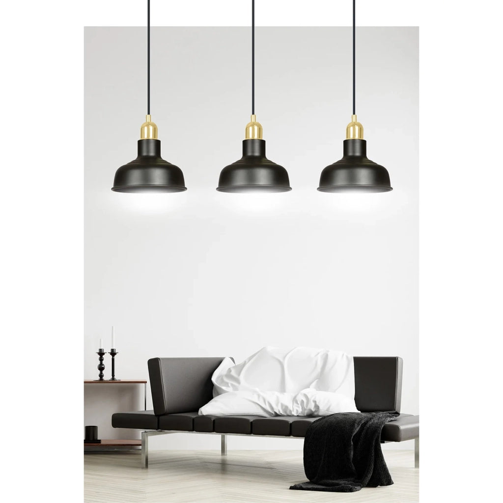 Lampadario Industrial 3 Luci Kubera In Acciaio Nero Con Elementi In Oro