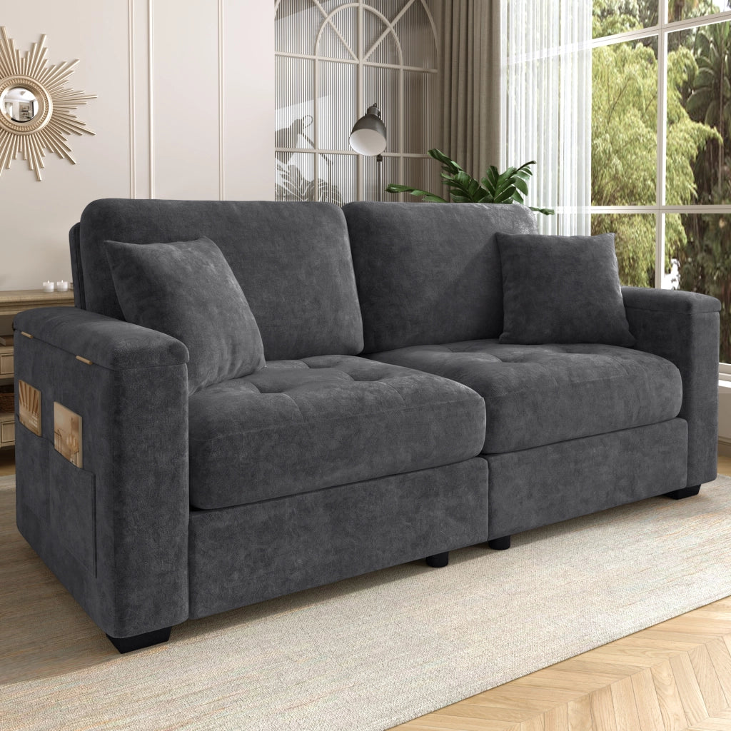 DIVANO 2 POSTI In Chenille Grigio Scuro con contenitore nei braccioli e 2 cuscini