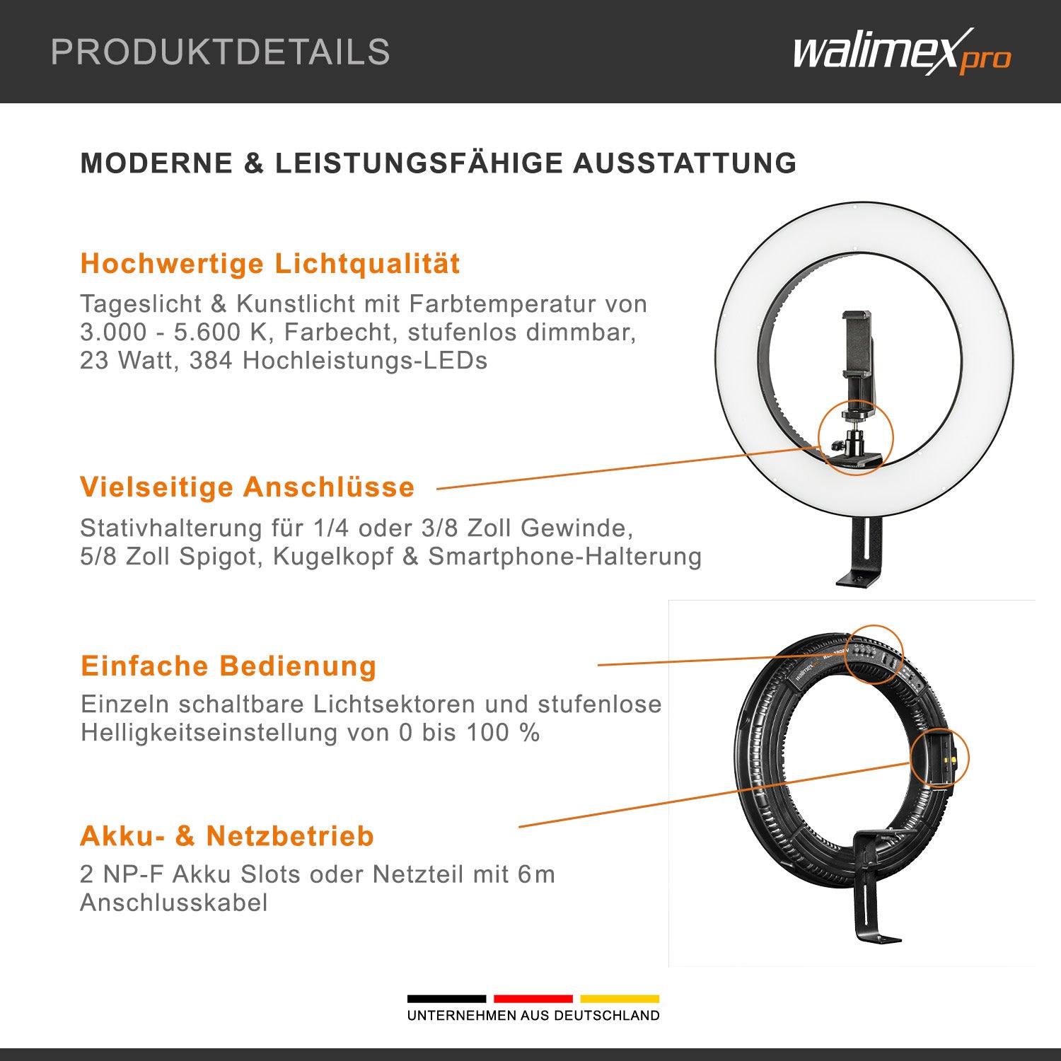 Ring light a LED 380 Bi-Color dimmerabile 23W, Luce ad anello con settori commutabili per foto e video, incl. accessori