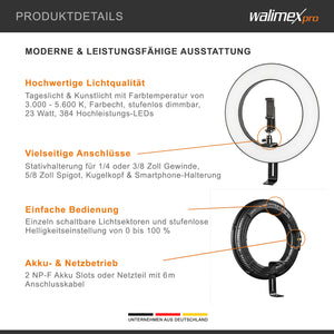 Ring light a LED 380 Bi-Color dimmerabile 23W, Luce ad anello con settori commutabili per foto e video, incl. accessori