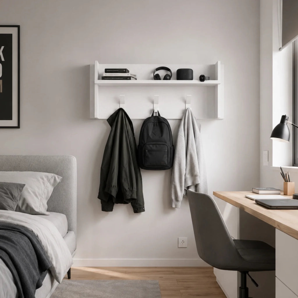 Appendiabiti da Parete Bianco con Mensola e 3 Ganci | Attaccapanni Ingresso Salvaspazio Moderno con Ripiano Portaoggetti | Organizer da Muro 90x29x34 cm