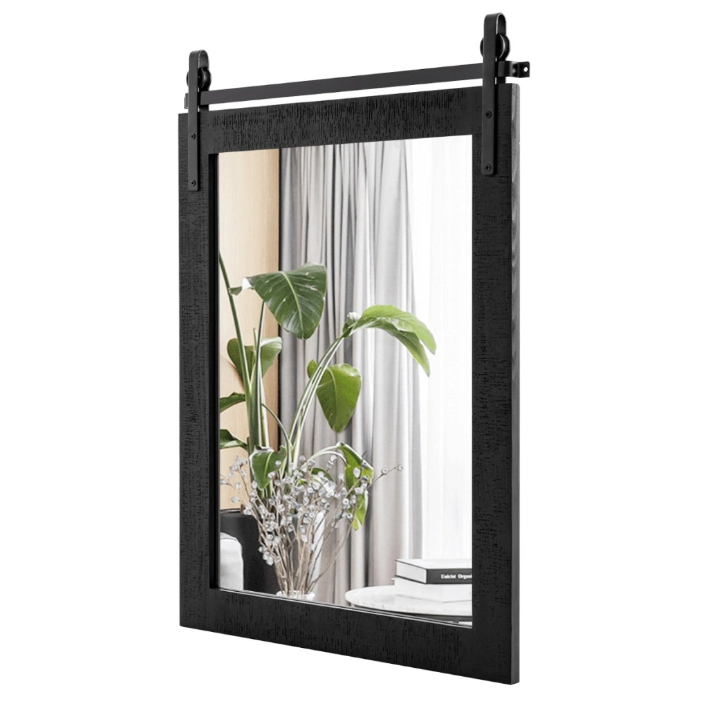 Specchio a parete farmhouse 76,5x56cm, Specchio a muro rettangolare con cornice in legno staffa in metallo Nero-Specchi da parete