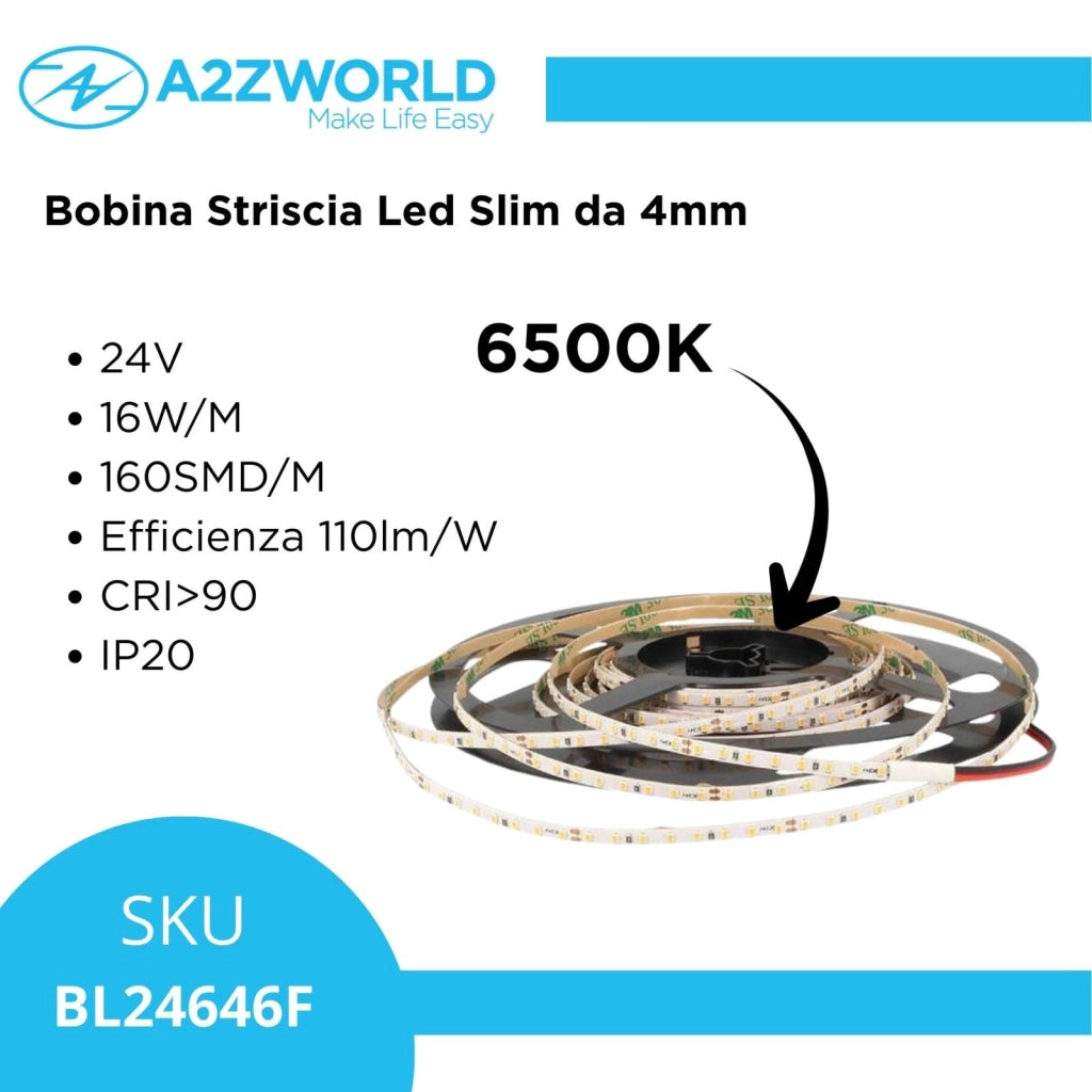 Bobina Striscia Led Slim da 4mm, 24V 16W/M 160SMD/M, Tagliabile ogni 5cm da 8 SMD 2216, IP20, Efficienza 110lm/W, CRI>90, Disponibili 3000K 4000K 6500K (Bianco Freddo 6500K)