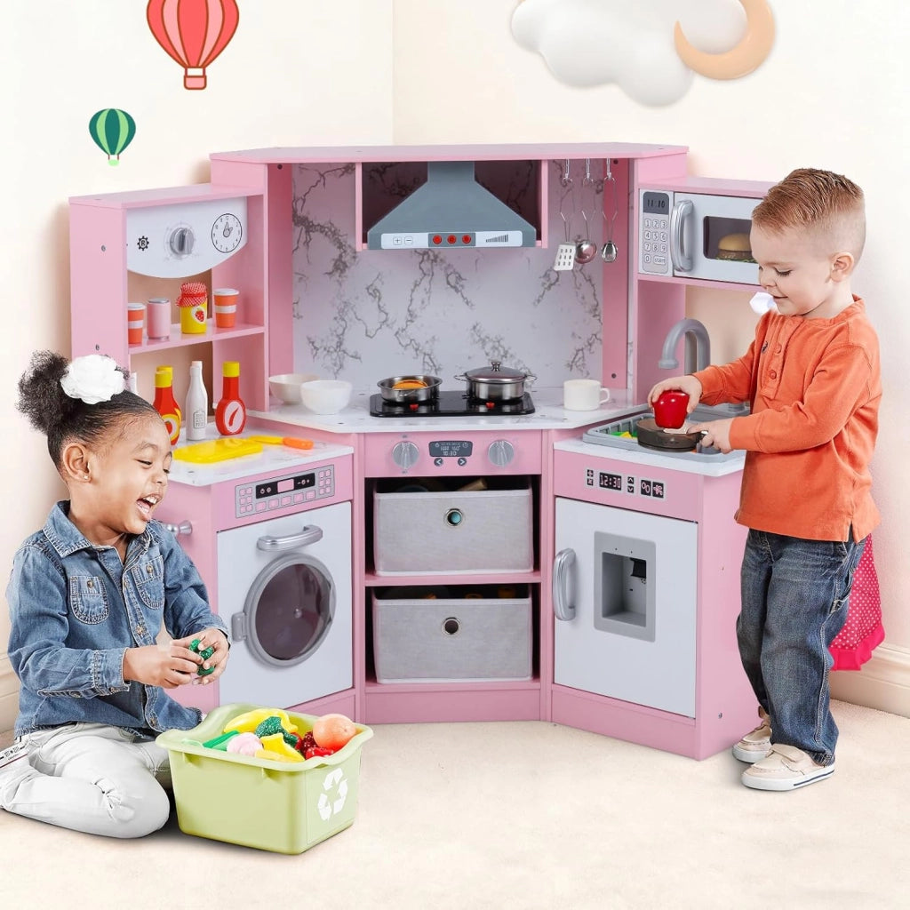 Cucina Giocattolo per Bambini, Set Cucina in Legno con Accessori, Luci e Suoni, Cappa, Fornelli, Microonde e Lavatrice, per Bambini 3+ Anni, 102 x 51 x 85 cm (Rosa)