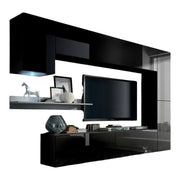 Set di mobili da soggiorno neri sospesi collezione CEPTO VI 256cm, 7 porte, mensola da muro bianca, LED, modulabili.