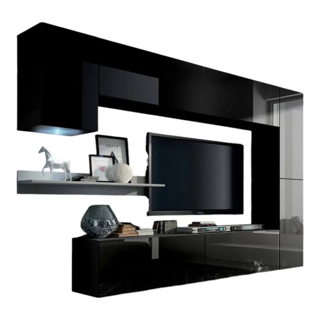 Set di mobili da soggiorno neri sospesi collezione CEPTO VI 256cm, 7 porte, mensola da muro bianca, LED, modulabili.