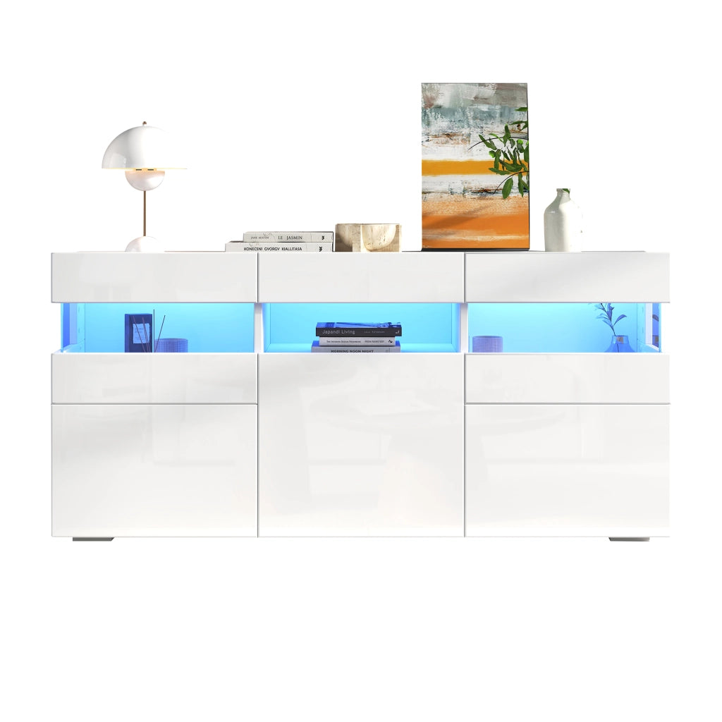 Credenza con LED e 3 ante, 7 vani e vano semiaperto, frontale lucido, per soggiorno, bianca, 140 × 40,5 × 66,5 cm