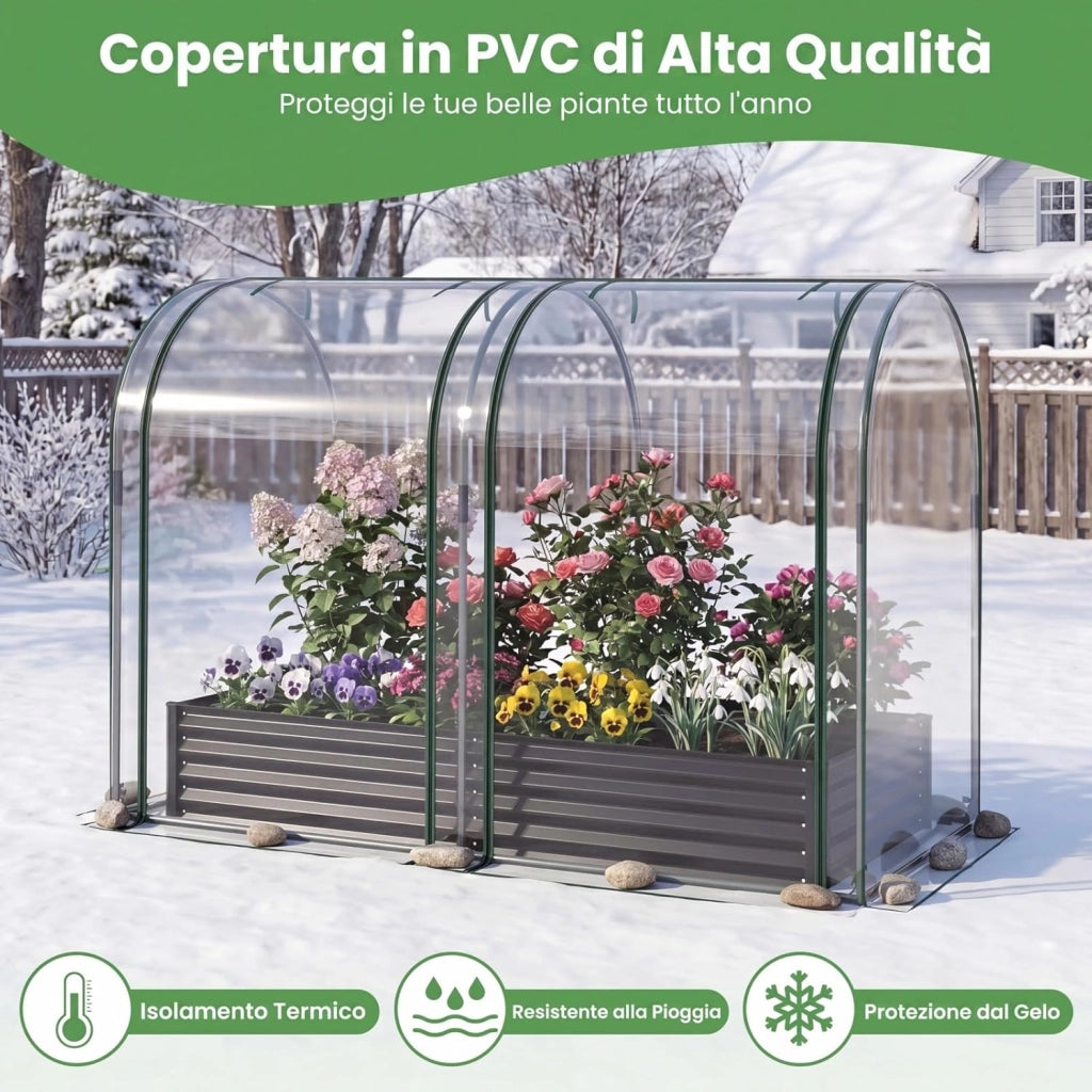 Orto Rialzato da Giardino con Serra, Fioriera da Esterno in Metallo con Copertura Apribile in PVC, Letto Rialzato da Esterno per Giadino, Cortile e Balcone 198 x 100 x 145 cm (Nero)