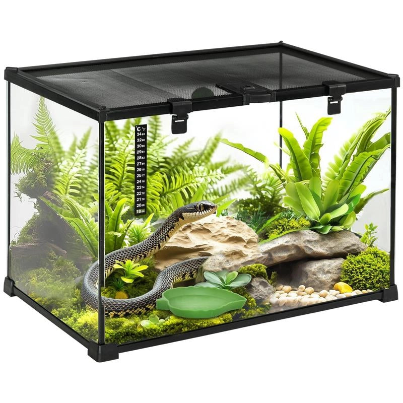 TERRARIO PER RETTILI RIALZATO CON SERRATURA E TERMOMETRO, IN VETRO E RETE METALLICA, 50X30X35 CM, NERO