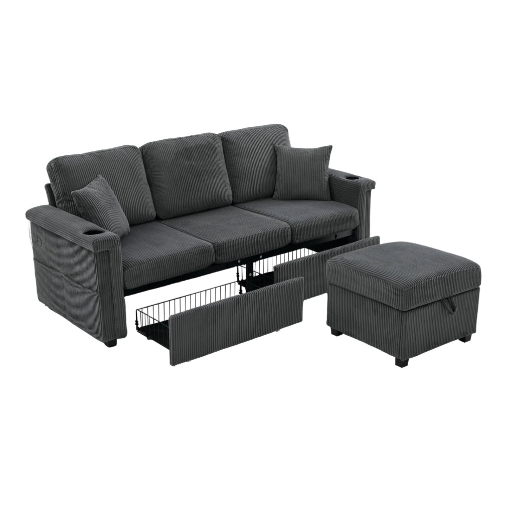 Divano modulare con contenitore 194x73x81 cm in tessuto effetto velluto a coste; grigio scuro