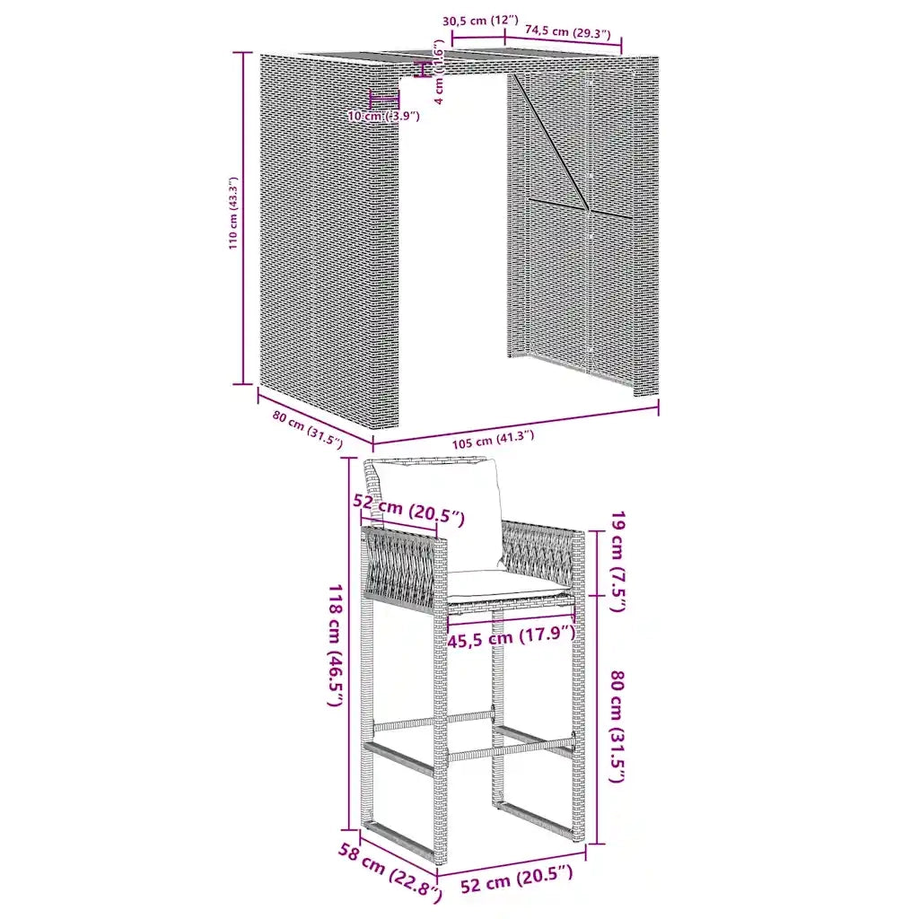 Set Bar da Giardino 3 pz con Cuscini Grigio Polyrattan Acacia 3328897