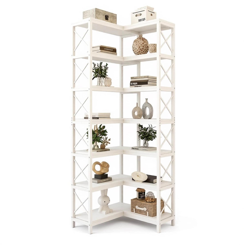 Scaffale angolare 117x29x30 cm bianco metallo e legno, 14 vani