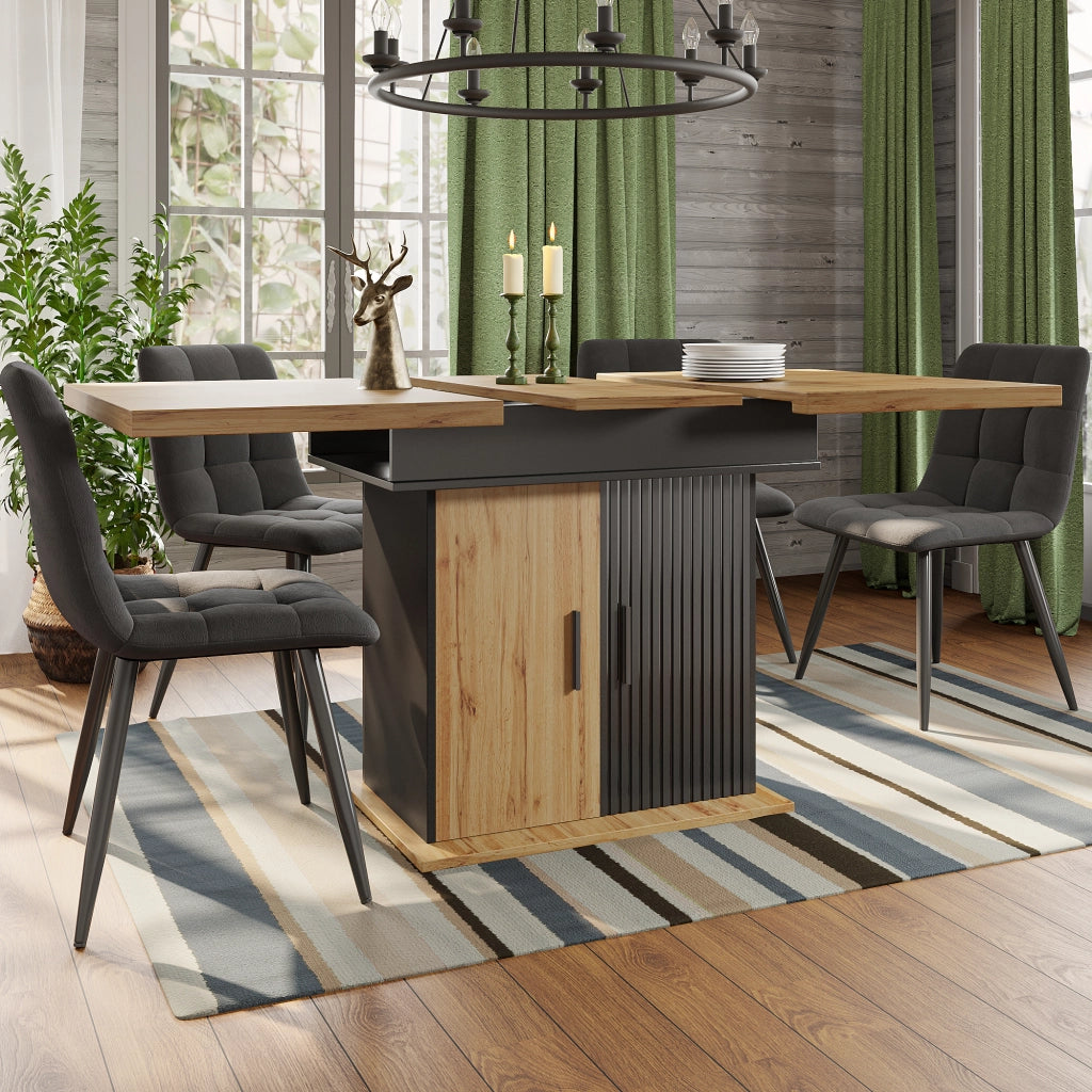Tavolo allungabile con vano contenitore e ripiani regolabili, in MDF, nero e naturale, 110-140 × 80 × 75 cm