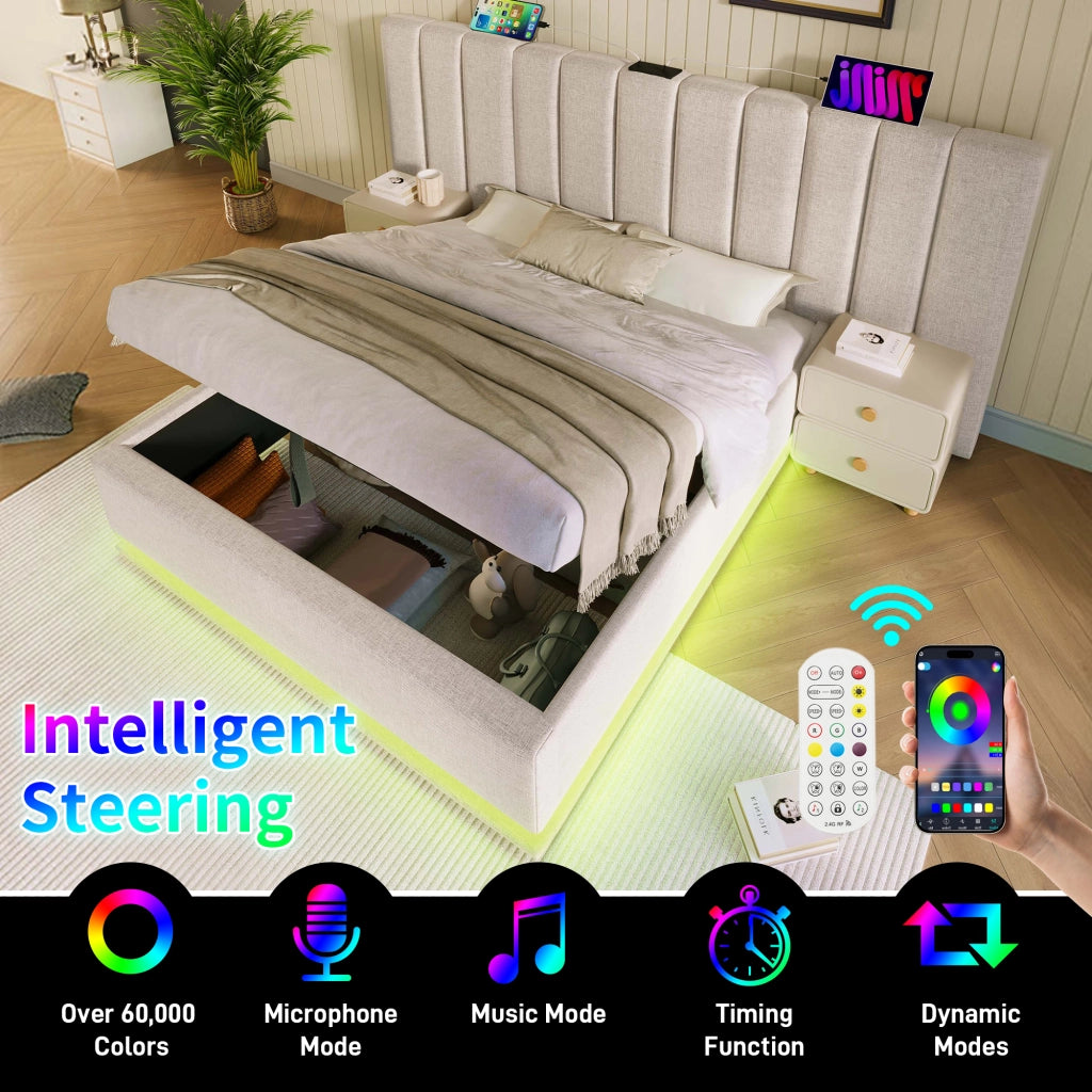 OKWISH Letto Contenitore 160×200 cm, Letto Matrimoniale con LED 360°, USB e Type-C, controllo tramite app, senza Materasso, in Lino, Beige