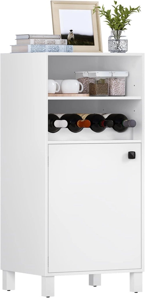 Credenza da Cucina con Portabottiglie per 5 Bottiglie, Libreria Chiusa Anta Bianca, Mobiletto Multiuso con Ripiani Regolabili, Scaffale Portaoggetti, in Legno e Metallo, 48x40x108cm