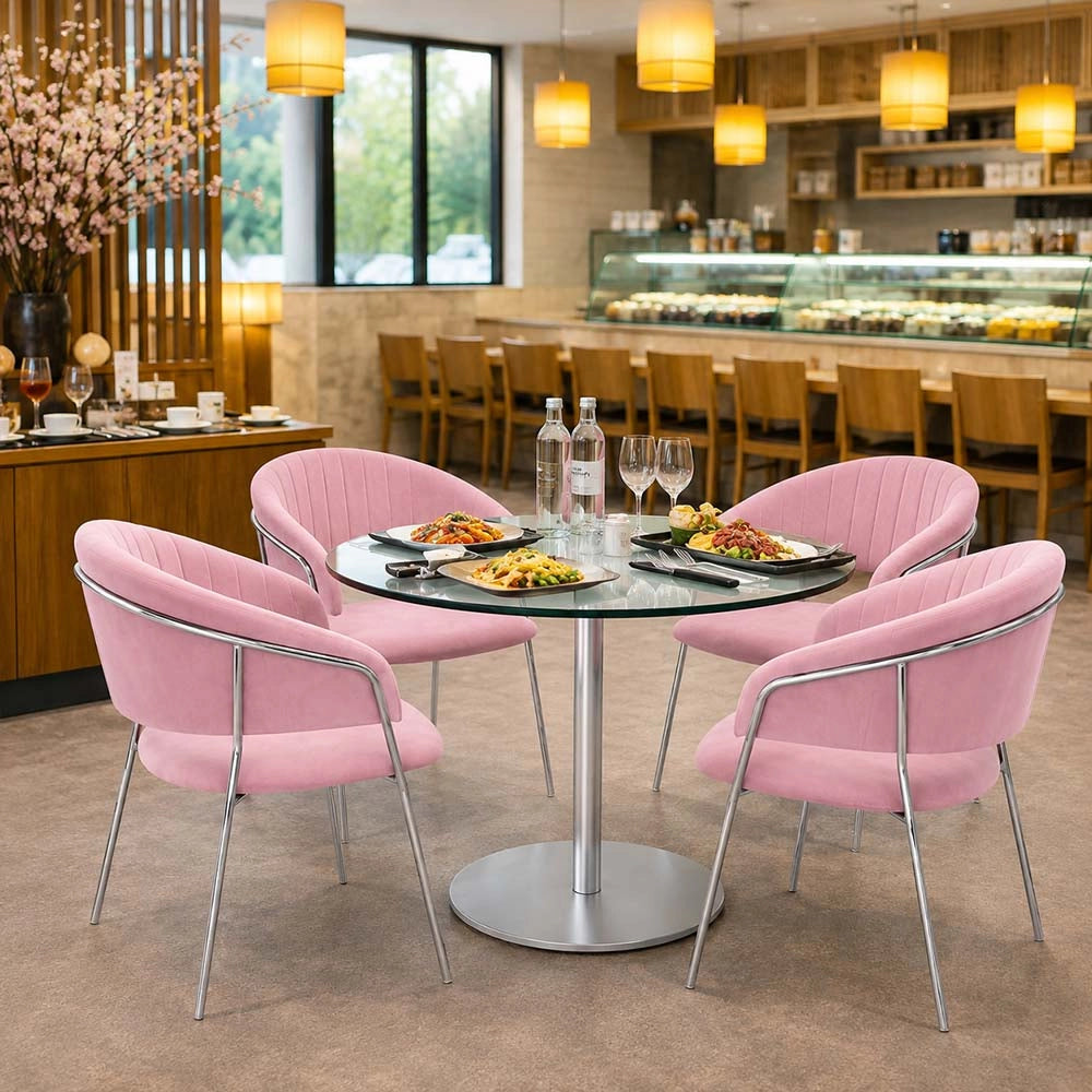 Sedie da pranzo set da 2 Aurelia in velluto rosa con gambe in ferro cromato