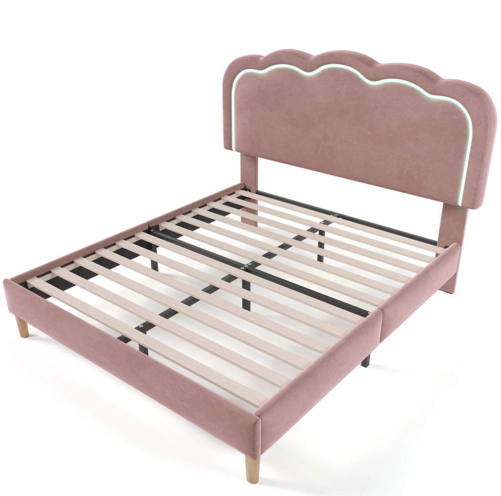 Letto matrimoniale 140x200 cm con testiera LED regolabile in velluto rosa