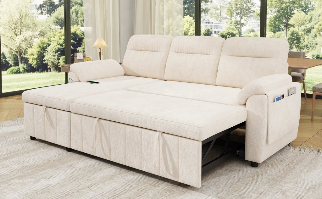 Divano angolare convertibile con letto estraibile chaise longue reversibile con contenitore in chenille beige per casa