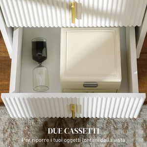 Comodino con 2 Cassetti 40x40x47 cm in Legno con Maniglie e Gambe in Metallo Bianco e Oro