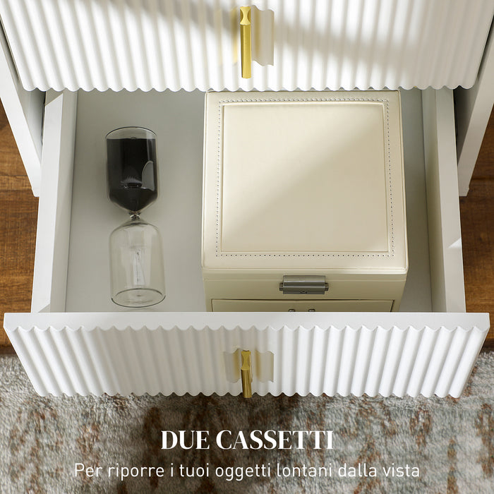 Comodino con 2 Cassetti 40x40x47 cm in Legno con Maniglie e Gambe in Metallo Bianco e Oro