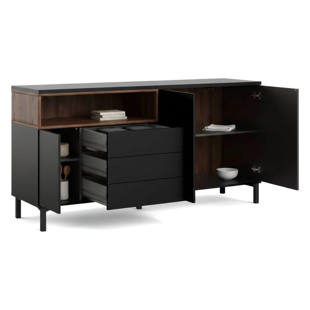 Credenza Julie, Buffet da soggiorno, Madia da salotto, Dispensa da cucina, 176x48 h90 cm, Nero e Noce