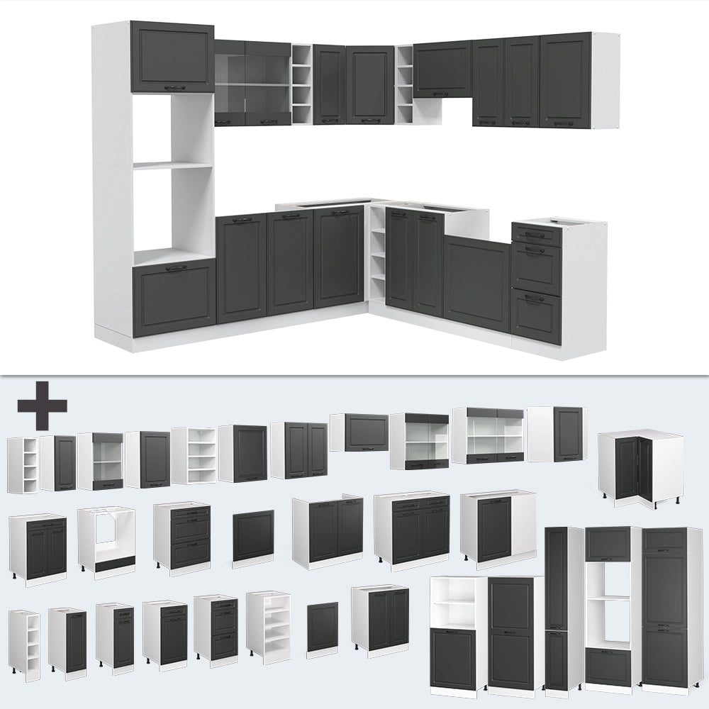 Cucina angolare completa R-Line Antracite rustico/Bianco 247 x 237 cm, PL Rovere Vicco