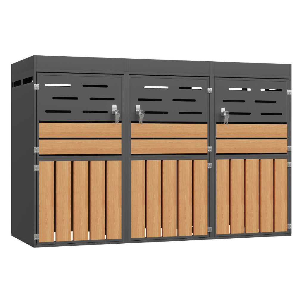 Armadio da esterno 2 in 1 con fioriera integrata; 4 vani separati; 264x80x128 cm; grigio in lamiera d'acciaio