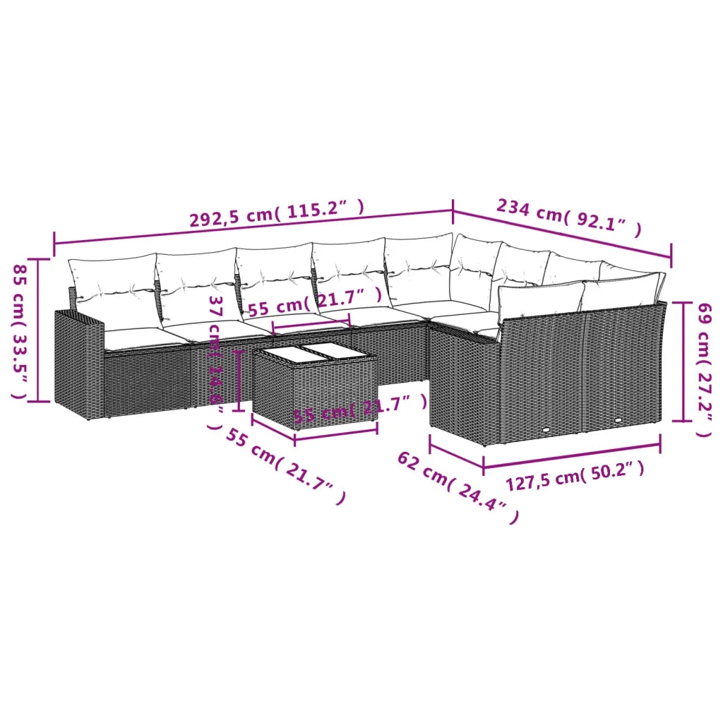 Set Divani da Giardino 10pz con Cuscini in Polyrattan Nero 3219435