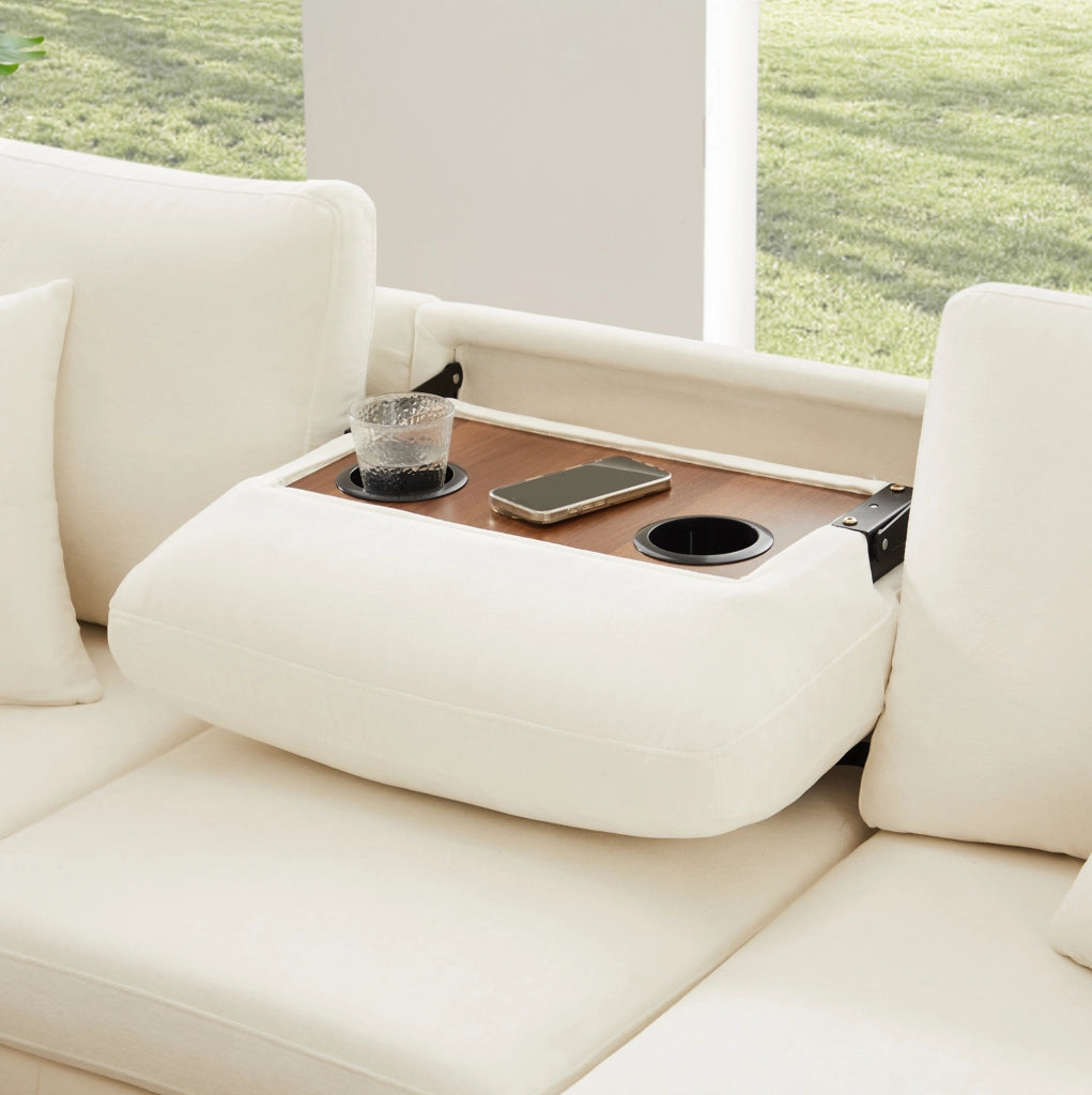 Divano angolare letto in ciniglia con pouf contenitore; USB e Type-C; beige