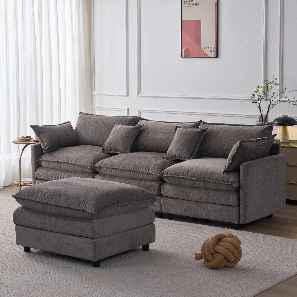 Divano angolare modulare con chaise longue e pouf, tessuto chenille grigio, struttura in legno massiccio, 3 posti