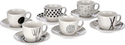 Set Grafico di 6 tazze da caffè con piatti, 80 cc, altezza 6 cm, Cubic Centimeter, New Bone China, bianco