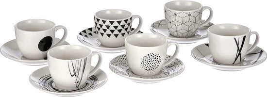 Set Grafico di 6 tazze da caffè con piatti, 80 cc, altezza 6 cm, Cubic Centimeter, New Bone China, bianco
