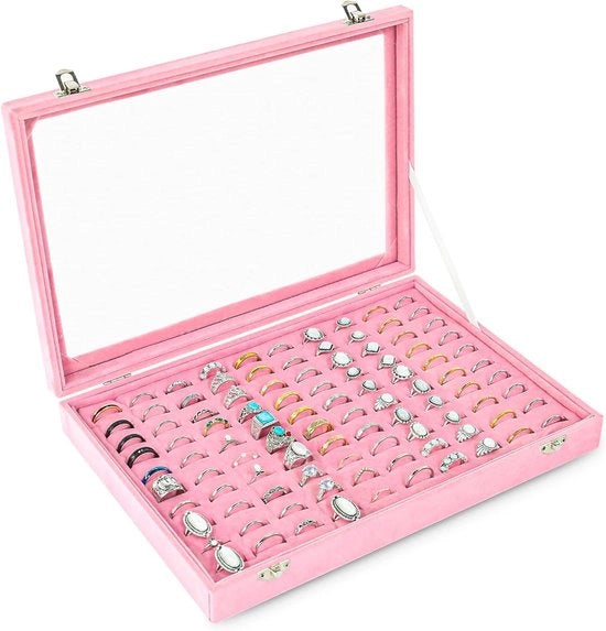 Organizzatore di Anelli Premium con 100 Scomparti - Cassetta per Gioielli in Rosso con Supporto, Coperchio e Tasca in Velluto - Scatola per Oreficeria e Display - Adatto per Donne e Ragazze